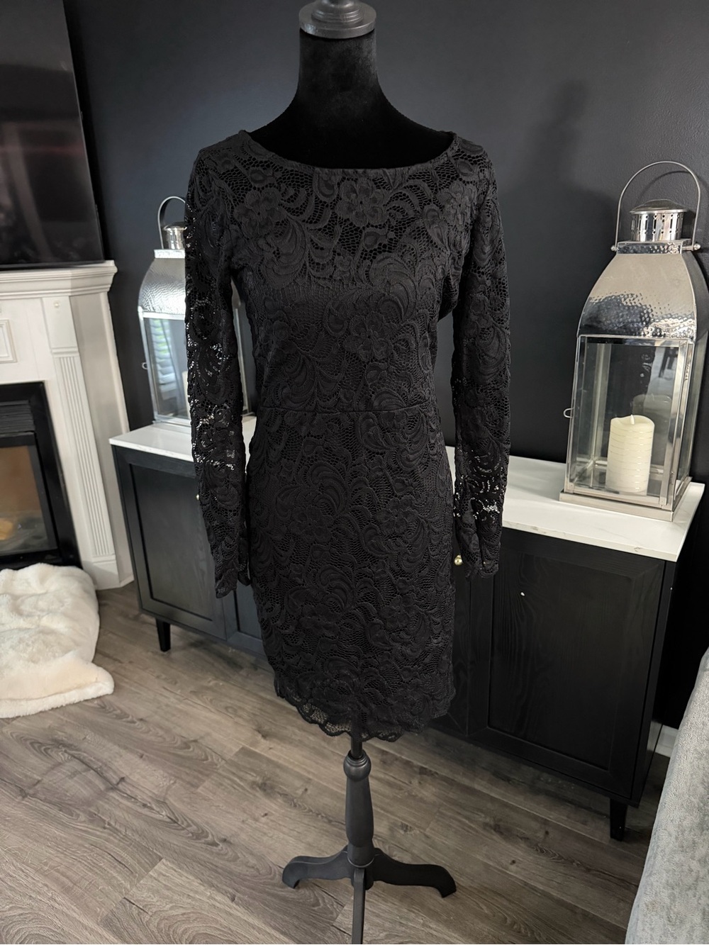 Ambiance Black Lace Sheer Long Sleeve Dress Bodycon - Picture 2 of 6